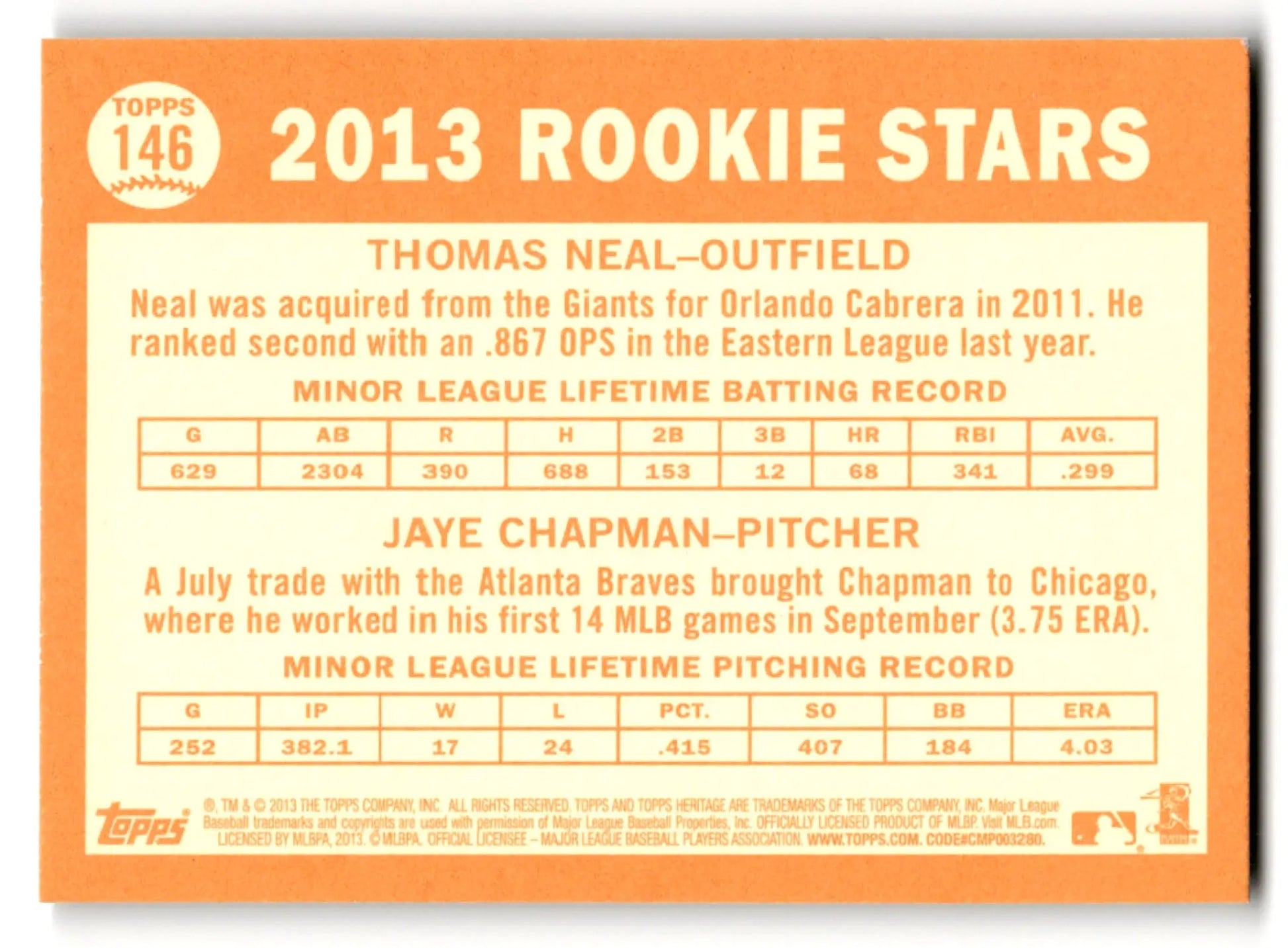 Back of 2013 Topps Baseball Heritage card featuring Thomas Neal and Jaye Chapman