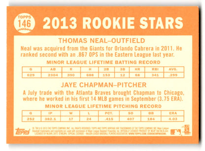 Back of 2013 Topps Baseball Heritage card featuring Thomas Neal and Jaye Chapman
