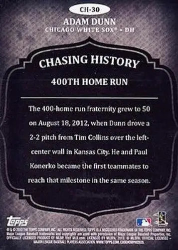 2013 Topps Chasing History Adam Dunn White Sox baseball trading card for collection