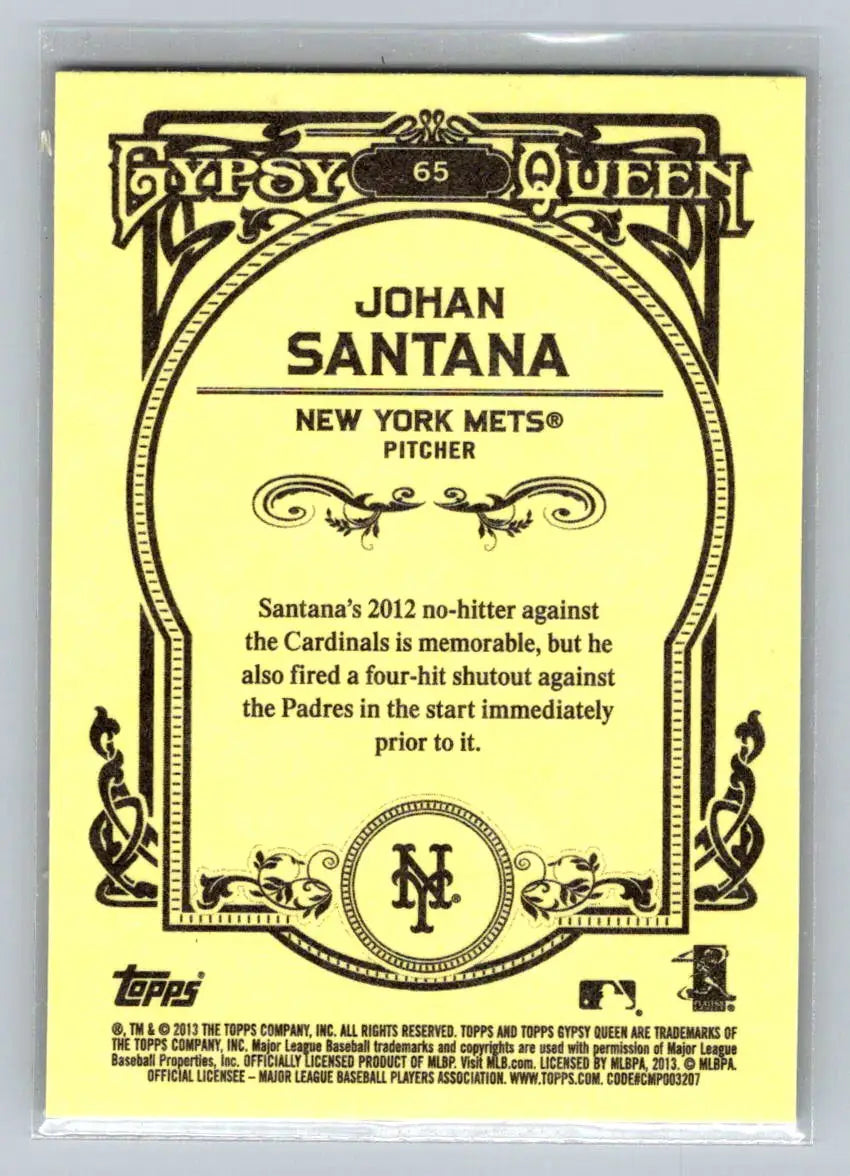 Johan Santana baseball card from 2013 Topps Gypsy Queen #65 New York Mets collection