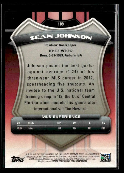 Soccer trading card of Sean Johnson from 2013 Topps MLS series