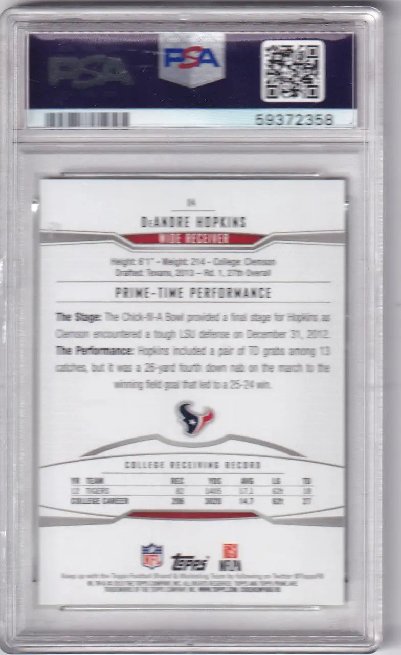 Graded DeAndre Hopkins football card in protective slab from 2013 Topps Prime PSA