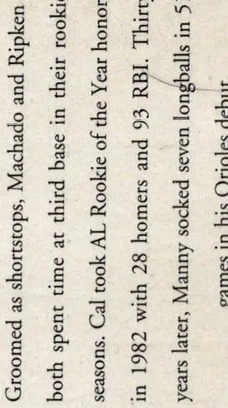 Page of text from a book featuring Cal Ripken and Manny Machado Franchise Forerunners