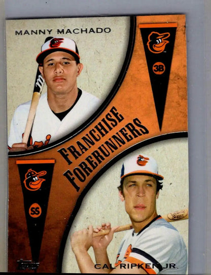 Baseball card featuring Cal Ripken Jr. and Manny Machado from 2013 Topps Update franchise