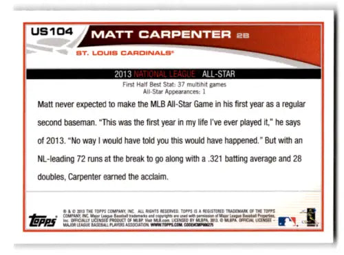 2013 Topps Update US104 Matt Carpenter baseball card with original gloss, Cardinals collectible