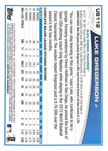Original gloss 2013 Topps Update US112 Luke Gregerson Padres baseball card