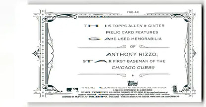 White baseball trading card with decorative borders featuring Anthony Rizzo relics and original gloss