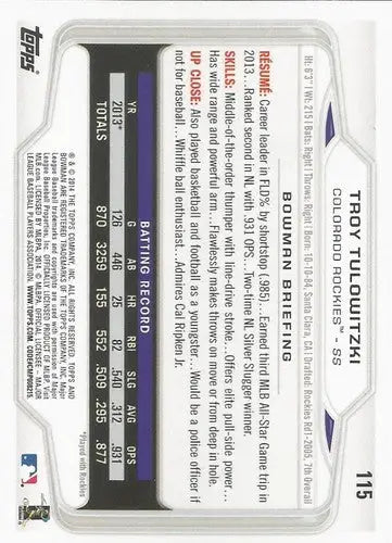 2014 Bowman #115 Troy Tulowitzki NM-MT Rockies ID:57929 - Trading Cards