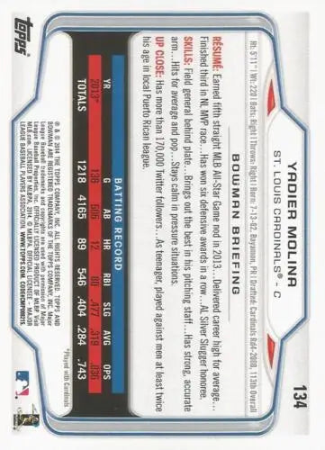 2014 Bowman #134 Yadier Molina NM-MT baseball card with original gloss for collectors