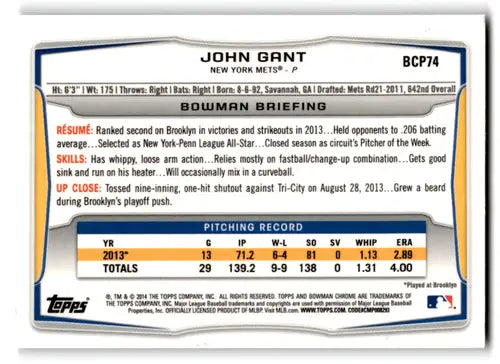 Baseball card back showing original gloss for 2014 Bowman Chrome Prospects BCP74 John Gant Mets