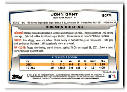 Baseball card back showing original gloss for 2014 Bowman Chrome Prospects BCP74 John Gant Mets