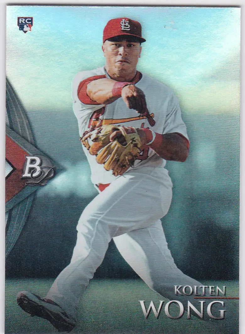 Baseball card of Kolten Wong in white uniform for Bowman Platinum St. Louis Cardinals