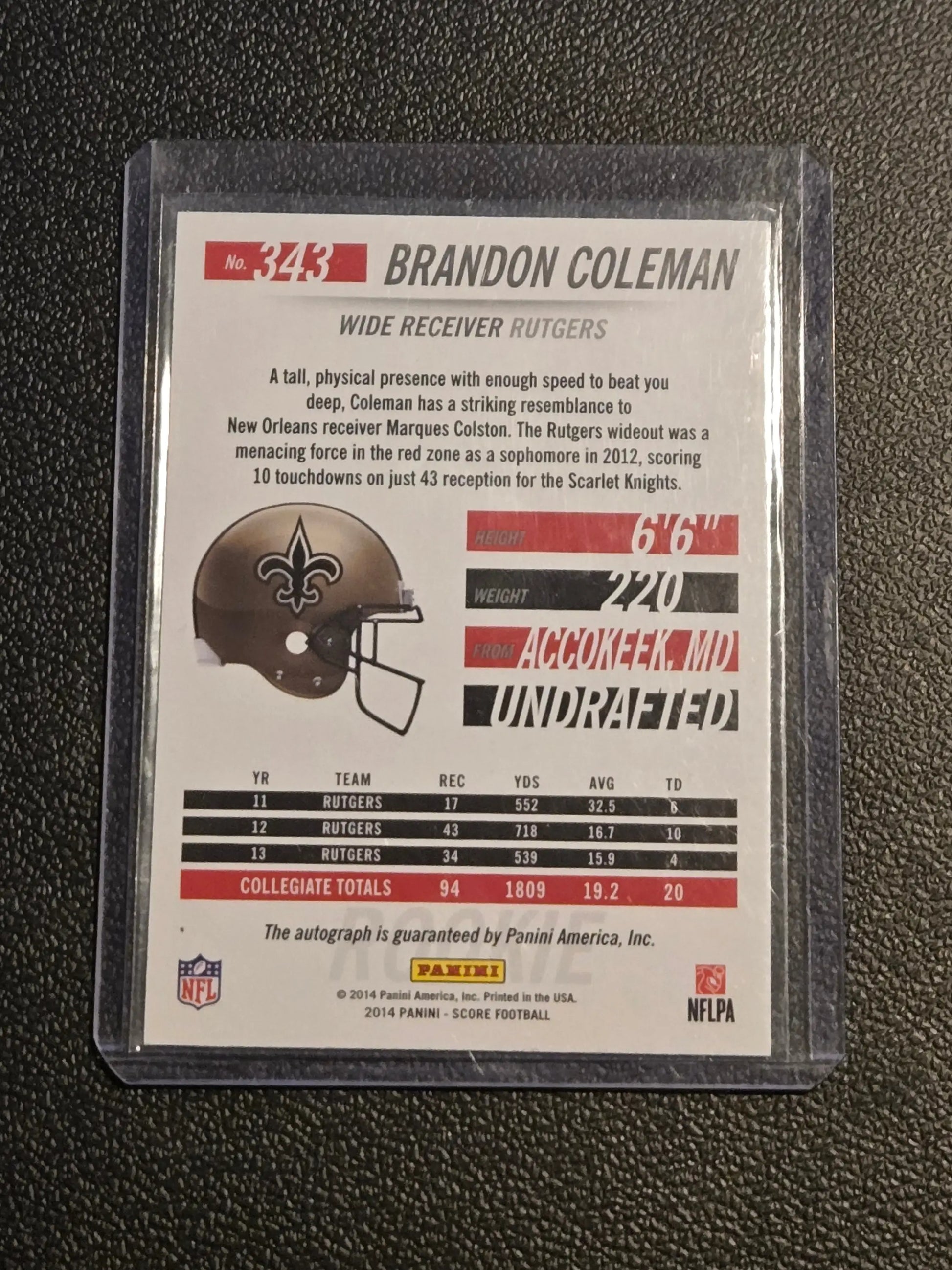 Brandon Coleman Panini Hot Rookies football trading card in plastic sleeve