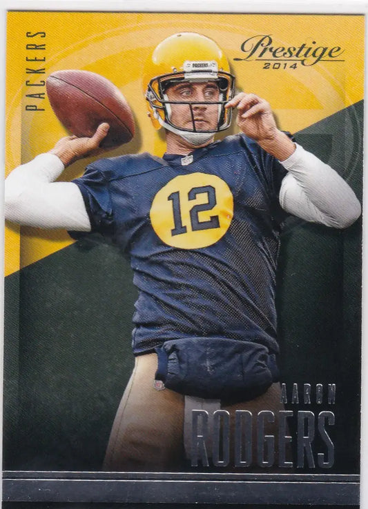 Football trading card of Aaron Rodgers in Green Bay Packers uniform ready to throw