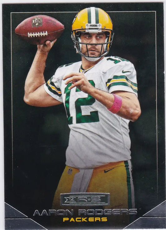 Aaron Rodgers Green Bay Packers player ready to throw a pass in uniform
