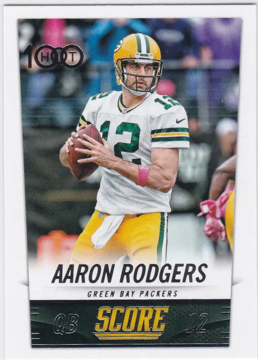 Football trading card of Aaron Rodgers Hot 100 for Green Bay Packers in white jersey