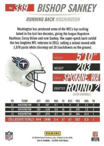 Football card back of 2014 Score Rookies #339 Bishop Sankey with original gloss