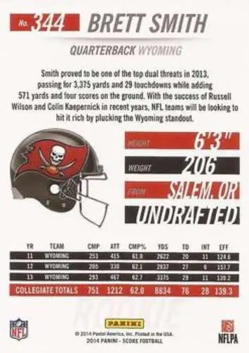 Brett Smith football card 2014 Score Rookies #344 original gloss NM-MT Buccaneers