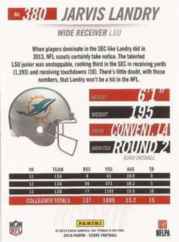 2014 Score Rookies #380 Jarvis Landry NM-MT RC Rookie Dolphins original gloss card