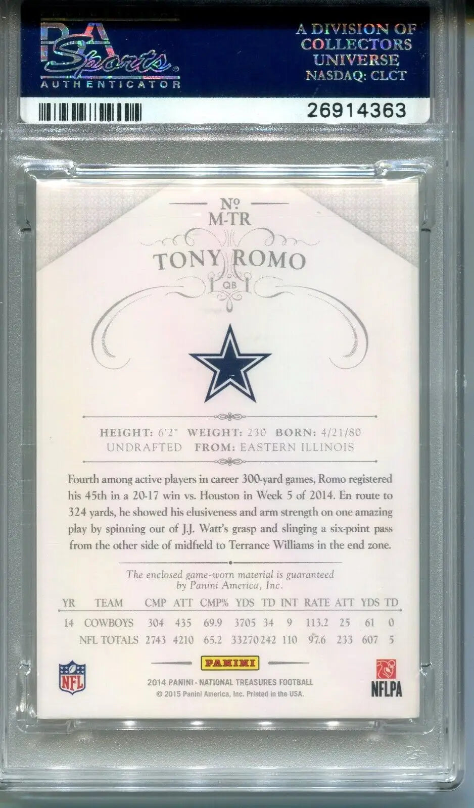 Graded Tony Romo National Treasures football card #/49 Dallas Cowboys PSA 8