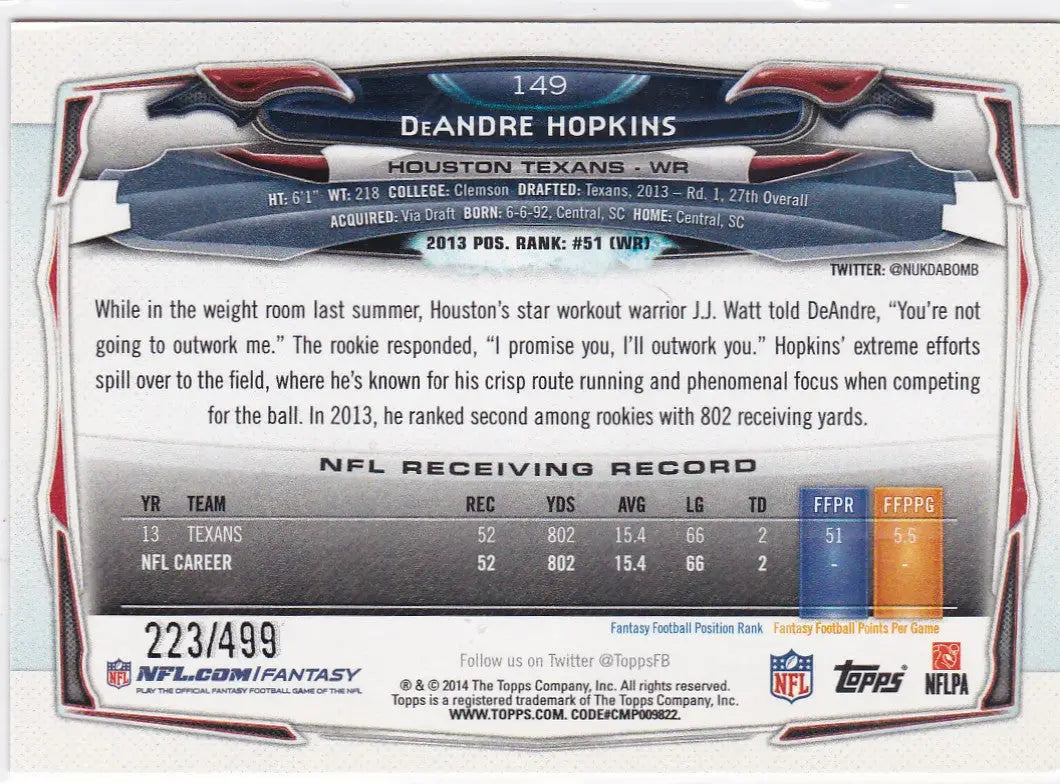 2014 Topps #149 DeAndre Hopkins Pink 223/499 Houston Texans
