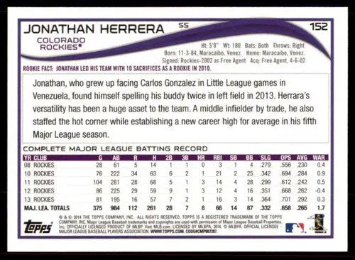 2014 Topps #152 Jonathan Herrera NM-MT Rockies ID:72092 - Trading Cards