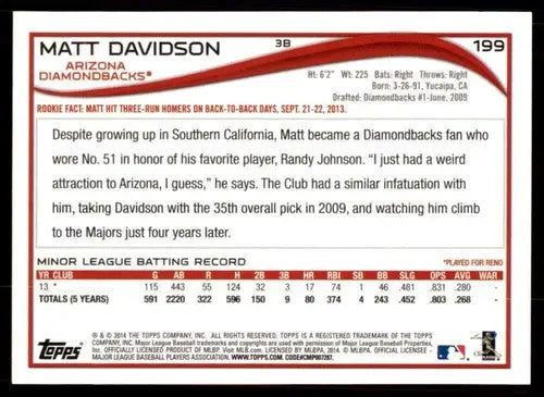 2014 Topps #199 Matt Davidson NM-MT RC Rookie Diamondbacks ID:70840 - Trading Cards