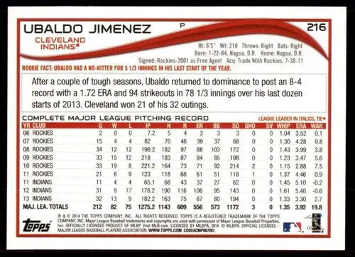2014 Topps #216 Ubaldo Jimenez NM-MT Indians ID:72181 - Trading Card