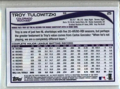 2014 Topps #25 Troy Tulowitzki NM-MT Rockies ID:57930 - Trading Cards