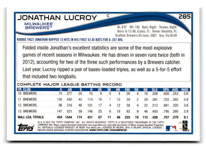 2014 Topps #285 Jonathan Lucroy baseball card with original gloss featuring Brewers ID:72376