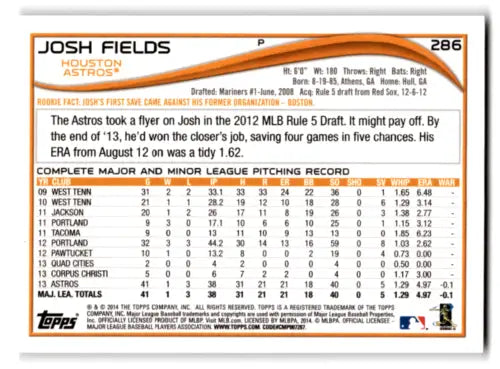 2014 Topps #286 Josh Fields baseball card with original gloss, Astros collectible