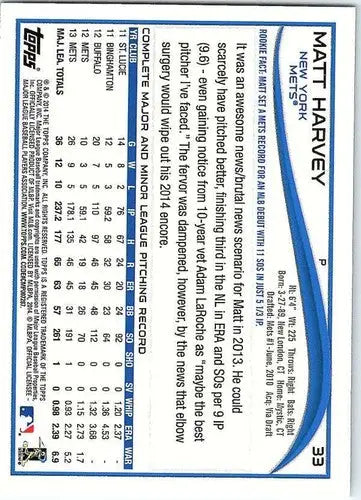 2014 Topps #33 Matt Harvey NM-MT Mets ID:70755 - Trading Cards