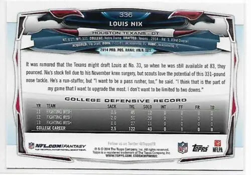 Louis Nix 2014 Topps #336 NM-MT RC Rookie Texans football card with original gloss