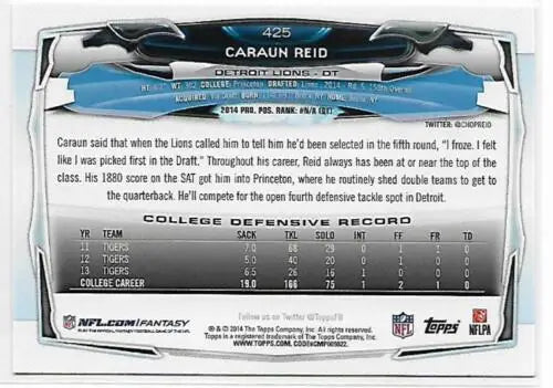 2014 Topps #425 Caraun Reid NM-MT RC Rookie Lions card with original gloss finish