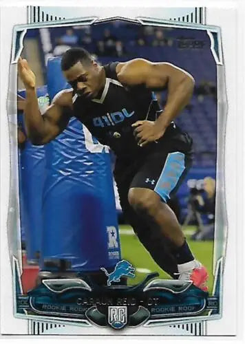 Football trading card featuring Caraun Reid, 2014 Topps Rookie Lions with original gloss