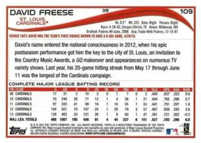 David Freese baseball card from 2014 Topps Blue Border set with original gloss finish