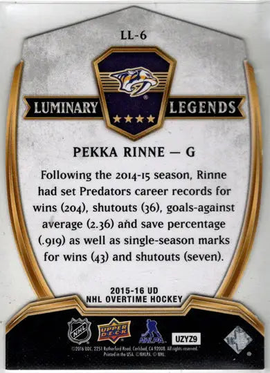 2015-16 UD Overtime Hockey Luminary Legends Insert Card Pekka Rinne