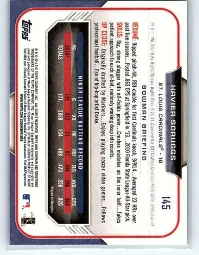Baseball card back of 2015 Bowman #145 Xavier Scruggs NM-MT RC Rookie Cardinals original gloss