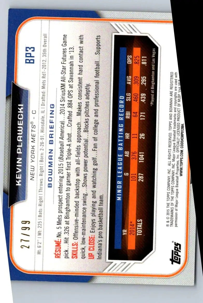 Kevin Plawecki baseball card from 2015 Bowman Chrome BCP3 Kevin Plawecki Green Refractors