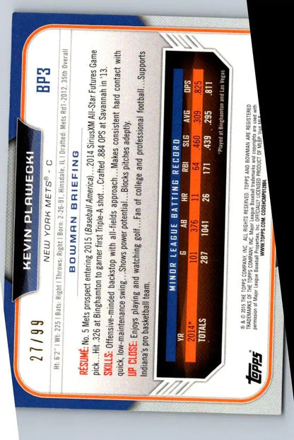 Kevin Plawecki baseball card from 2015 Bowman Chrome BCP3 Kevin Plawecki Green Refractors