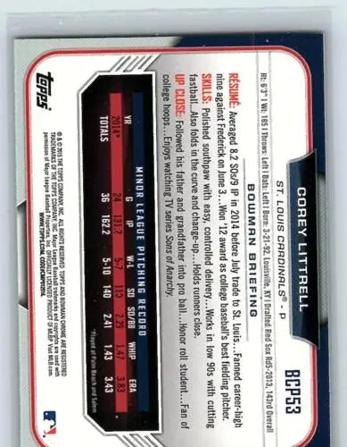 Baseball card back of 2015 Bowman Chrome Prospects BCP53 Corey Littrell NM-MT Cardinals