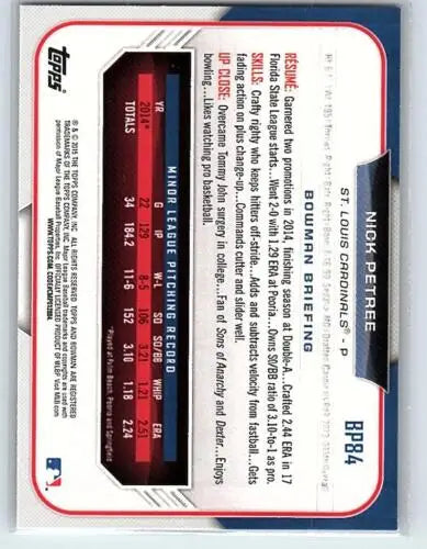 Baseball card back of 2015 Bowman Prospects BP84 Nick Petree with original gloss finish