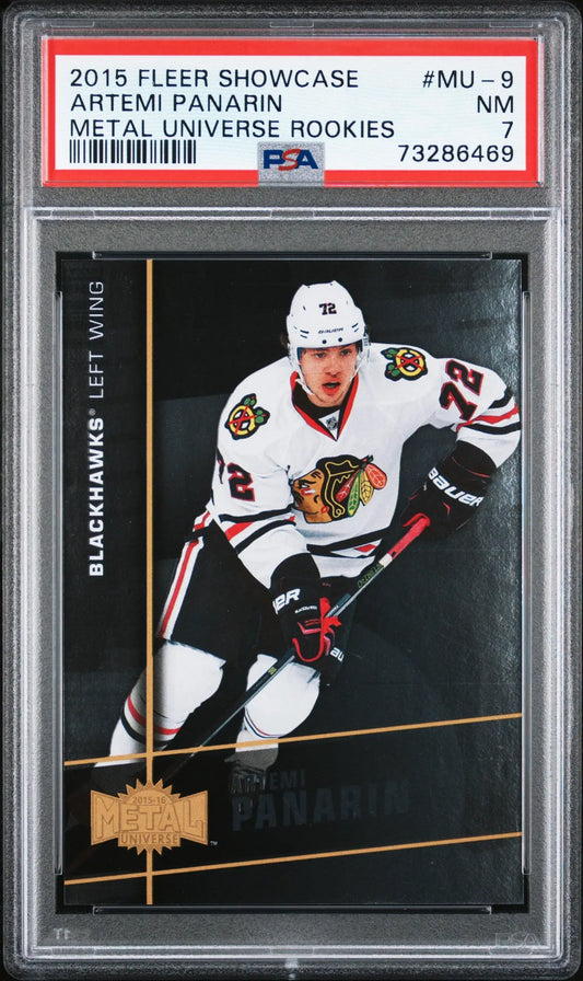 Graded Artemi Panarin hockey card from Fleer Showcase Metal Universe series with PSA 7
