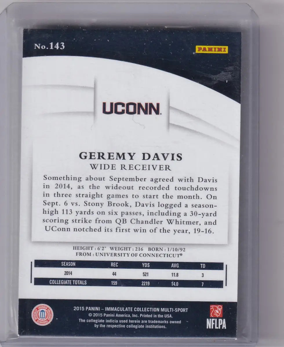 UConn Huskies Geremy Davis football trading card from Panini Immaculate 2015