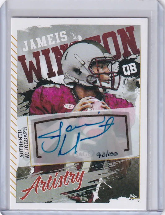 Football trading card of Jameis Winston Tampa Bay Buccaneers with autograph 90/100