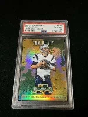 Tom Brady Panini Crusade Green C21 PSA gem mint football card from 2015 Patriots set