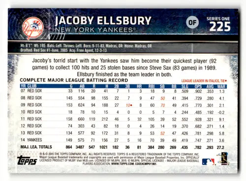 Original gloss Jacoby Ellsbury baseball card 2015 Topps NM-MT Yankees ID54406