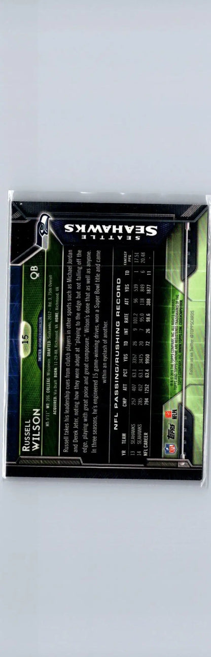 Back of 2015 Topps Russell Wilson Super Bowl 50 trading card with NFL stats