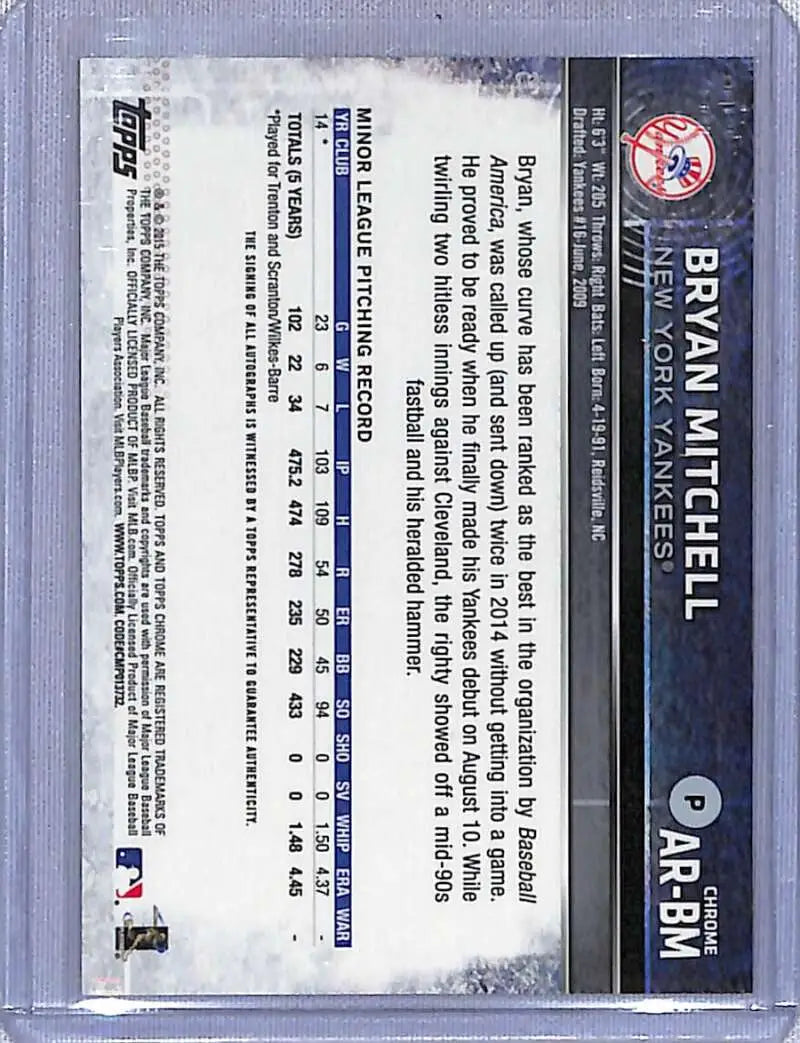Back of 2015 Topps Chrome Bryan Mitchell autographed baseball card with player stats