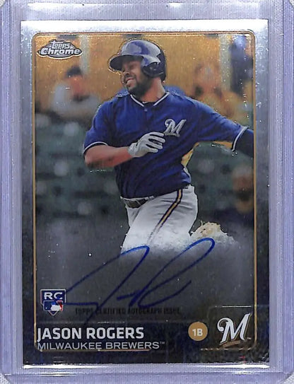 Signed Jason Rogers autographed baseball card in navy blue Milwaukee Brewers uniform